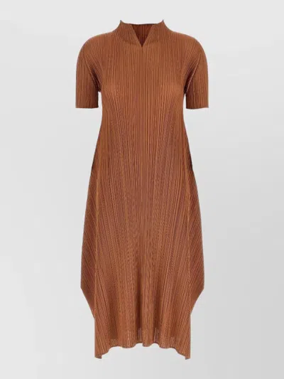Issey Miyake March Series Dress V Neckline Midi In Brown