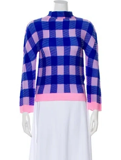 Pre-owned Issey Miyake Me Plaid Print Mock Neck Top In Blue