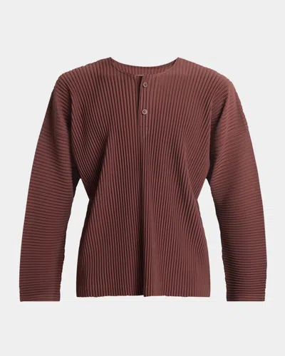 Issey Miyake Men's February Pleated Henley Shirt In Chocolate Brown