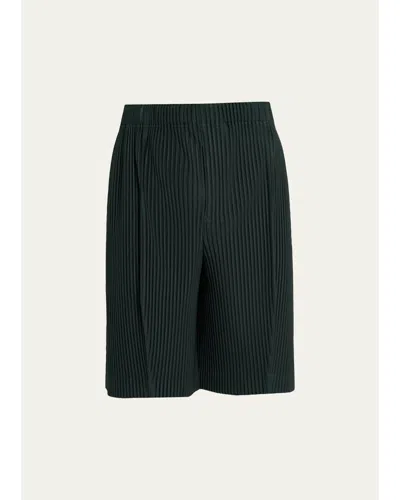 Issey Miyake Men's Lace Grid Pleated Shorts In Gray