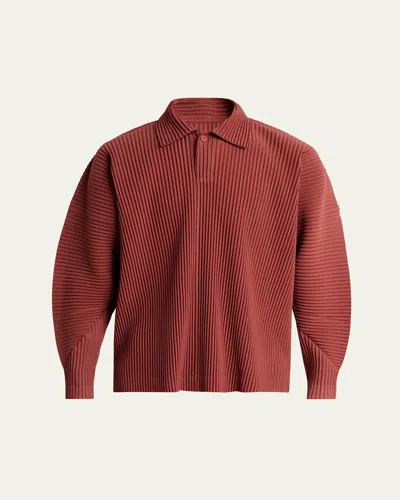 Issey Miyake Men's Pleated Long-sleeve Polo Shirt In Brown