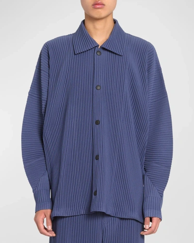 Issey Miyake Men's Pleated Snap-front Overshirt In Blue
