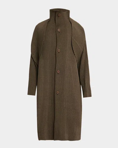 Issey Miyake Men's Wool Like Light Pleated Long Coat In Brown