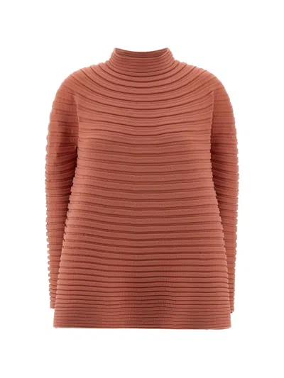 Issey Miyake High Neck Long Sleeve Ribbed Knit Top In Burgundy