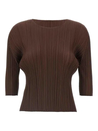 Issey Miyake March Pleated 3/4 Sleeves Round Neck Top In Burgundy