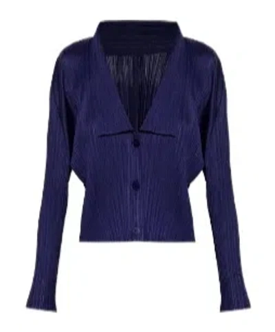 Issey Miyake Navy Vertical Pleated Cropped Cardigan In Blue
