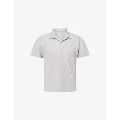 Issey Miyake Ns Lt.gray Basics Pleated Knitted Polo Top In White