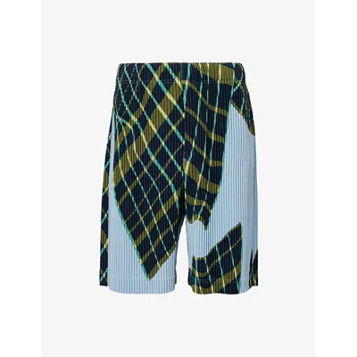 Issey Miyake Ns Blue Gray Windswept Plaid Pleats Knitted Shorts