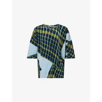 Issey Miyake Ns Blue Gray Windswept Plaid Short-sleeve Knitted T-shirt
