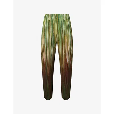 Issey Miyake Ns Homme Plisse  Paint Brush Closeup Straight-leg Pleats Knitted Trousers In Green