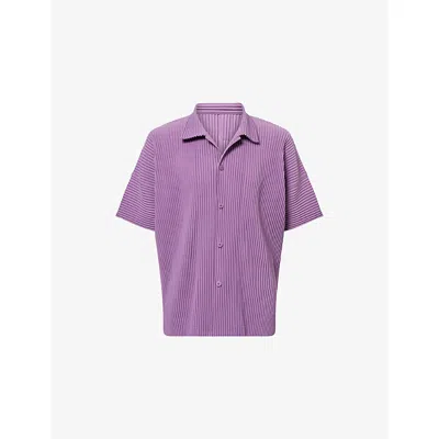 Issey Miyake Ns Viola Purple Pleated Spread-collar Short-sleeve Knitted Shirt