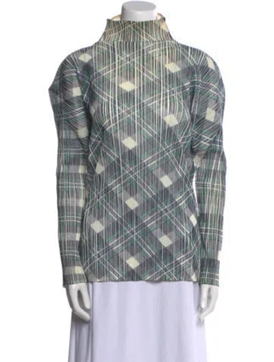 Pre-owned Issey Miyake Plaid Print Mock Neck Blouse In Blue