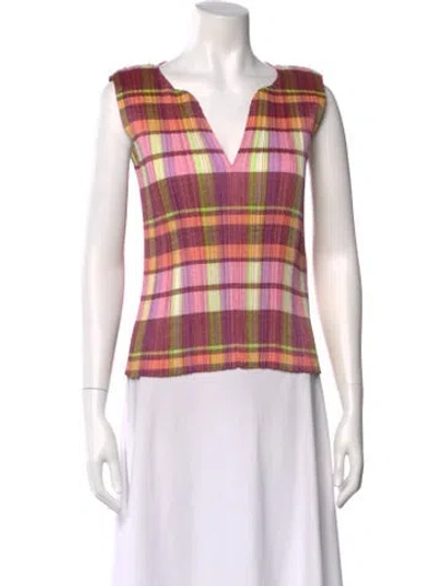Pre-owned Issey Miyake Plaid Print V-neck Top In Pink