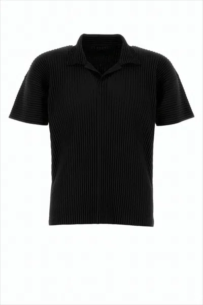 Issey Miyake Pleated Black Polo Shirt With Boxy Silhouette In White