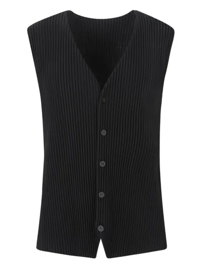 Issey Miyake Textured Polyester Vest Sleeveless V Neckline In Black