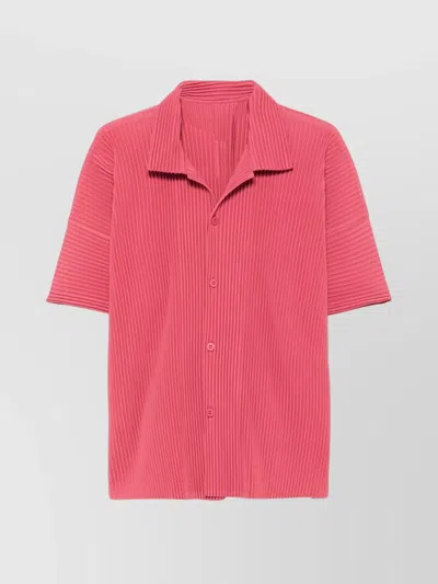 Issey Miyake Pleated Camp Collar Shirt With Ribbed Texture In Dusky Red
