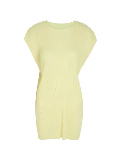 Issey Miyake Pleated Cap-sleeve Tunic Mini Dress In Yellow