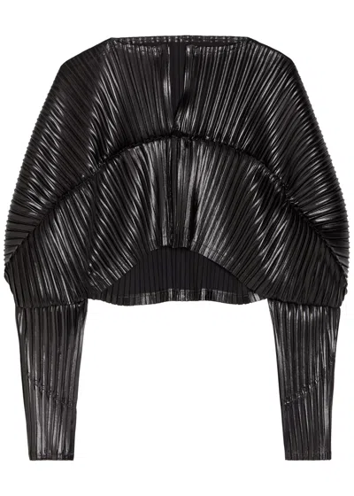 Issey Miyake Pleated Coated Satin Cropped Cardigan In Black