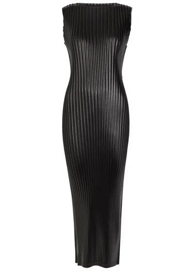 Issey Miyake Pleated Coated Satin Midi Dress In Black