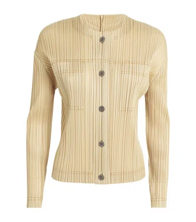 Issey Miyake Pleated Cotton Denim Jacket In Beige