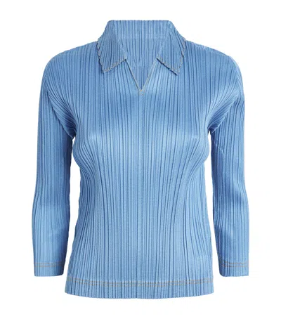 Issey Miyake Pleated Cotton Denim Shirt In Blue