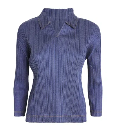 Issey Miyake Pleated Cotton Denim Shirt In Blue