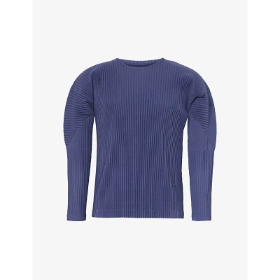 Issey Miyake Homme Plisse  Mens 76-blue Charcoal Pleated Crewneck Knitted T-shirt