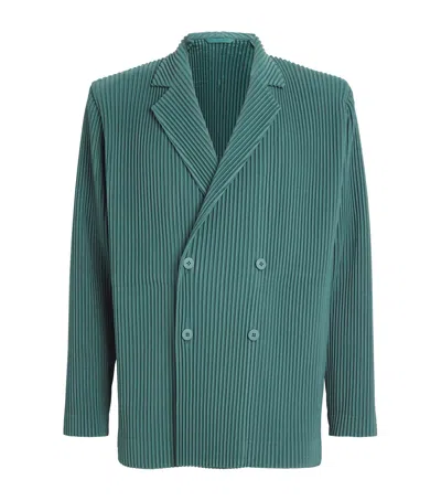 Issey Miyake Pleated Double-breasted Blazer In Green