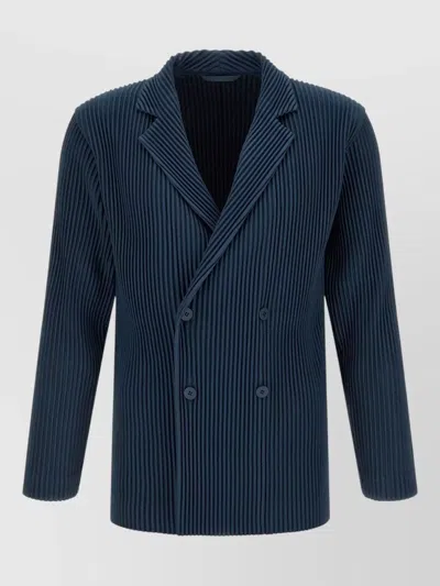 Issey Miyake Pleated Double Breasted Blazer Notched Lapels In Blue