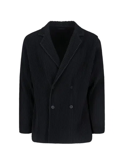Issey Miyake Pleated Double-breasted Blazer In Black