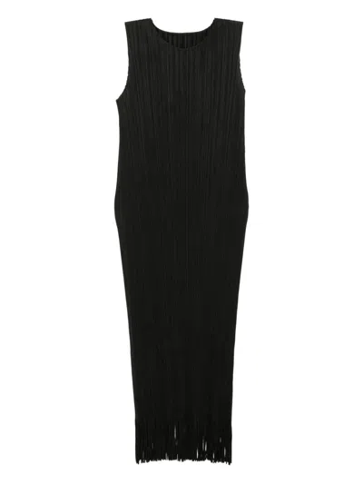 Issey Miyake Wave Plisse Fringe Hem Dress In Black