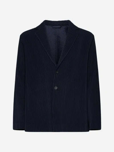 Issey Miyake Pleated Single-breasted Jacket In Navy