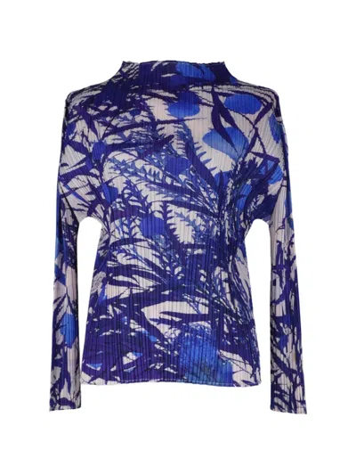 Pre-owned Issey Miyake Pleated Floral Print Top In Blue