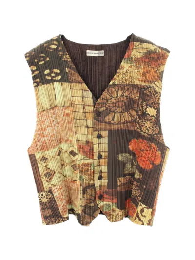 Pre-owned Issey Miyake Pleated Floral-print Vest In Brown
