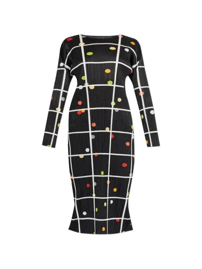 Issey Miyake Pleated Grid Print Dress In Black