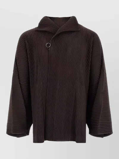 Issey Miyake Pleated High Collar Coat With Wide Sleeves In Brown