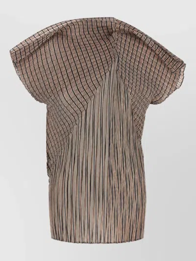 Issey Miyake Pleated High Neck Short Sleeve Blouse In Brown