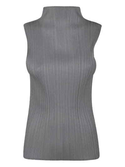 Issey Miyake Pleated High-neck Top In Gray