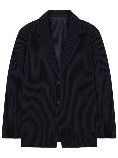 Issey Miyake Pleated Textured Jacket With Notched Lapel In Black