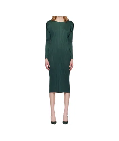 Issey Miyake Pleated Knit Midi Dress In Green