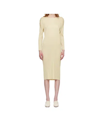 Issey Miyake Pleated Knit Midi Dress In Yellow