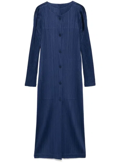 Issey Miyake Pleated Long Cardigan In Blue