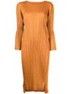 Issey Miyake Pleated Long-sleeve Midi Dress In Orange