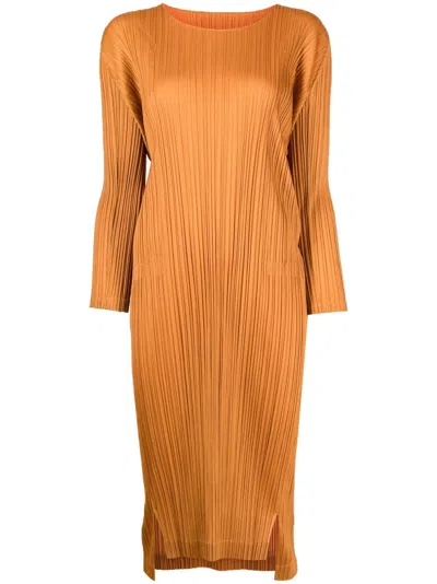 Issey Miyake Pleated Long-sleeve Midi Dress In Orange