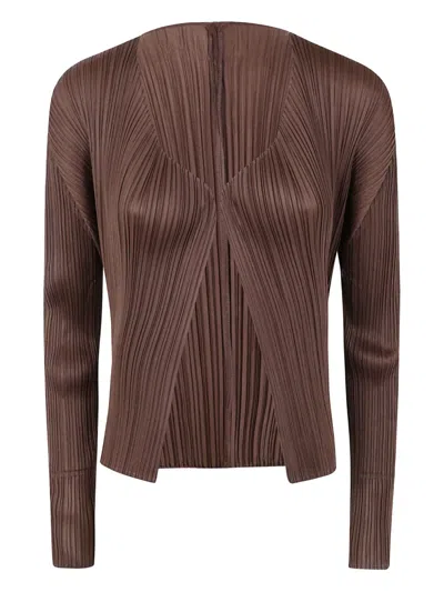 Issey Miyake Pleated Long-sleeved Cardigan In Burgundy