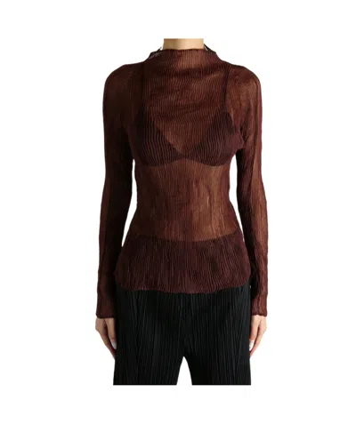 Issey Miyake Pleated Mesh Chiffon Top In Brown