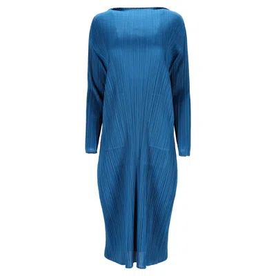 Issey Miyake Pleated Midi Boat Neck Dress In Blue Polyester