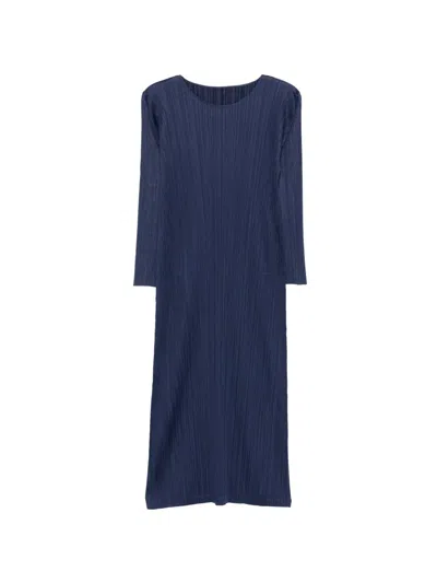 Issey Miyake Pleated Midi Dress In Blue