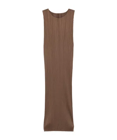Issey Miyake Pleated Midi Dress In Brown