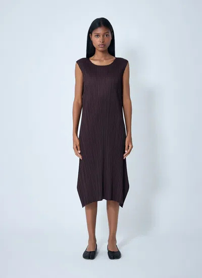 Issey Miyake Pleated Midi Dress In Brown